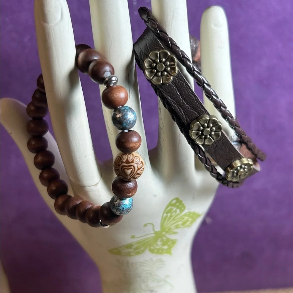 Fancy Wooden Beads Bracelet & Braided Leather Flower Bracelet Bundle (G)